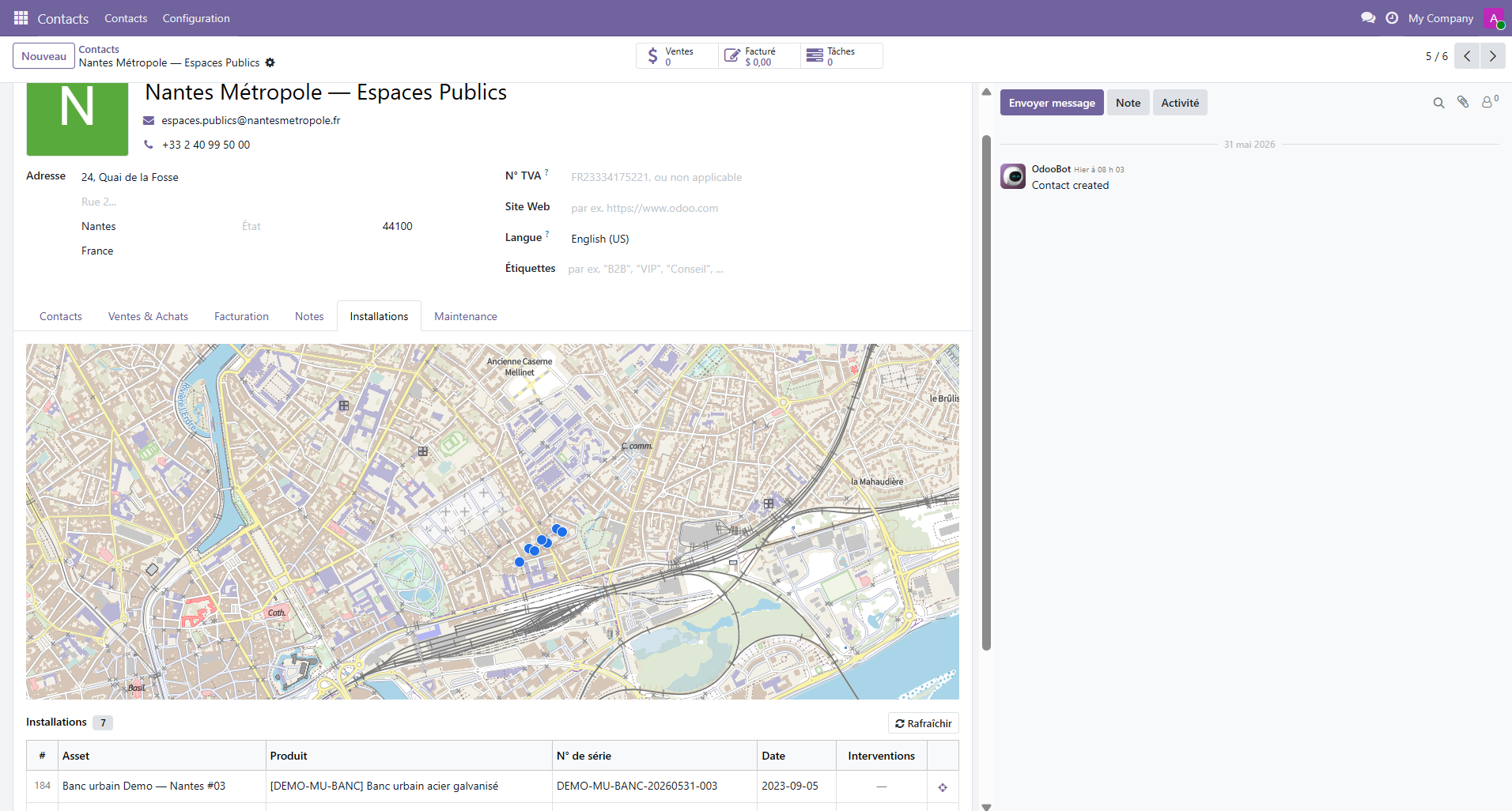 Fiche contact Odoo avec carte des installations géolocalisées